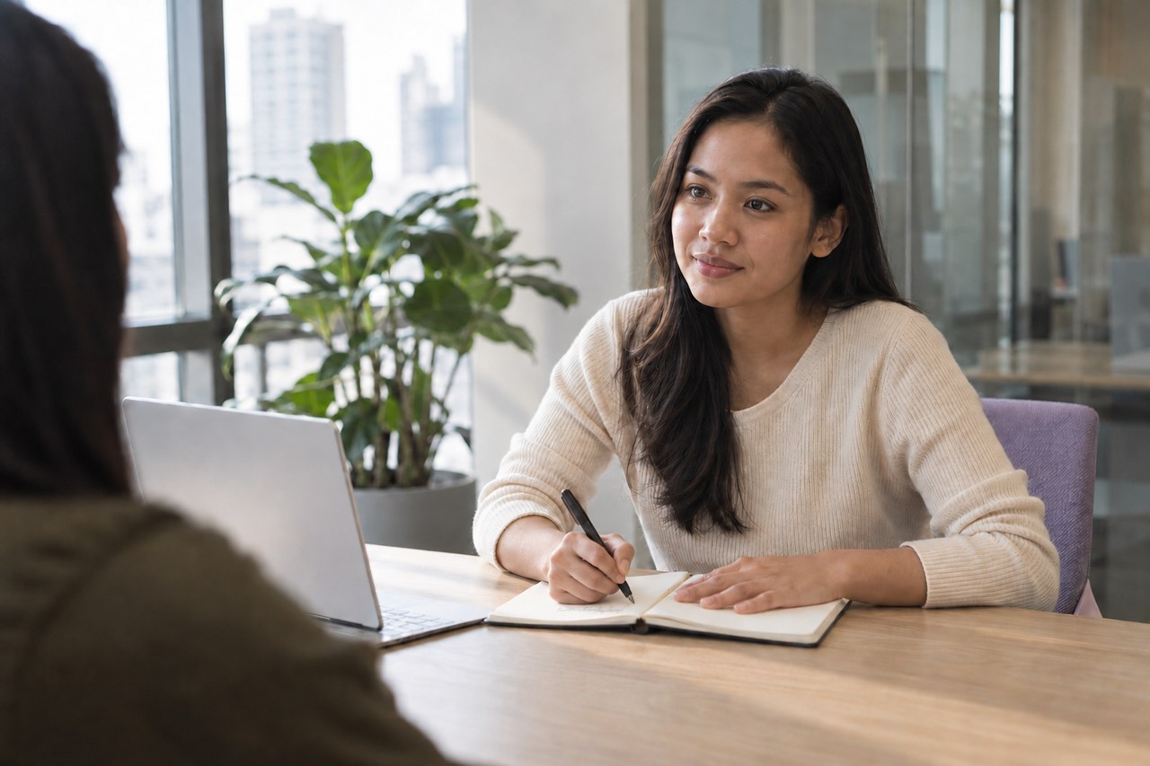 A Filipina professional listens to an interviewee across a table in a bright Manila office, pen in hand beside an open notebook.